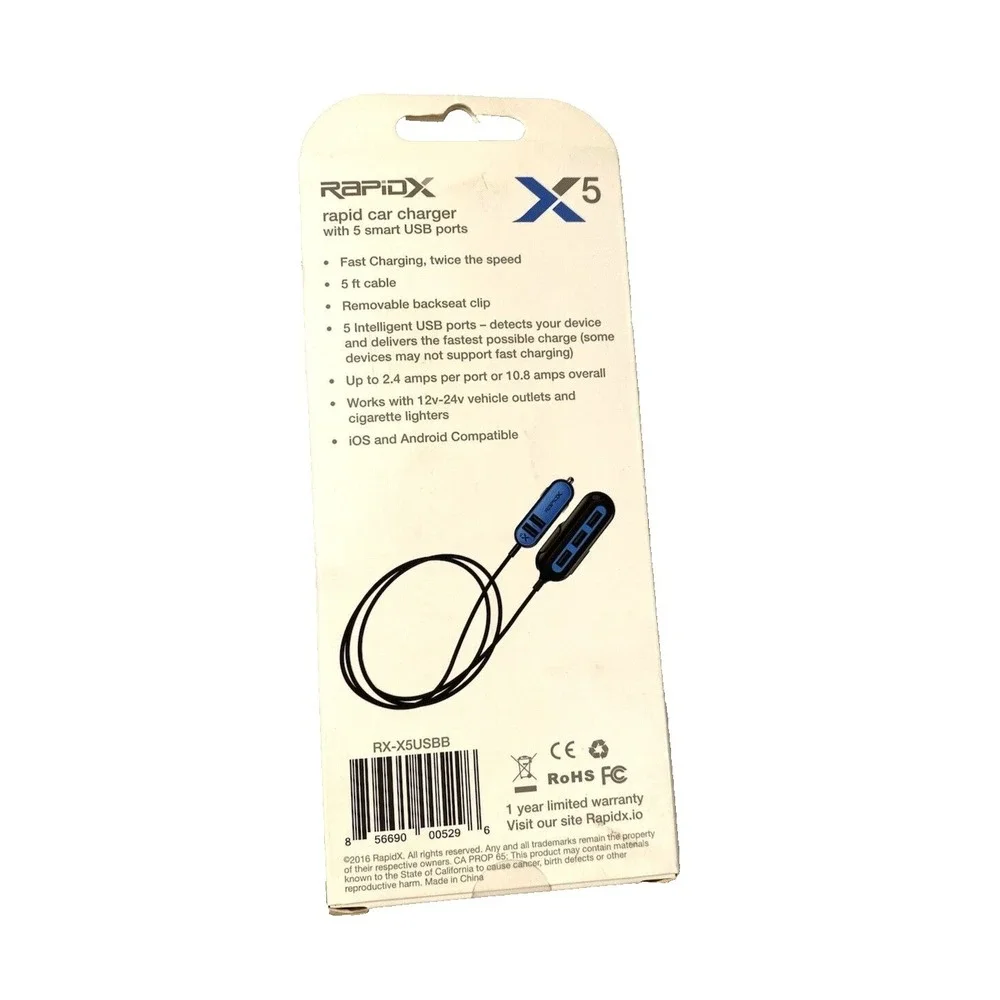 NEW rapidX front to back seat 5 smart USB ports car charger‎ 5 FT cord X5 BLUE
